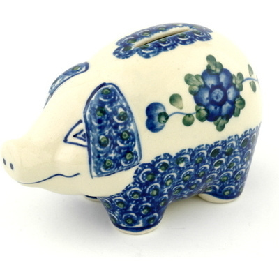 Polish Pottery Piggy Bank 5&quot; Blue Poppies