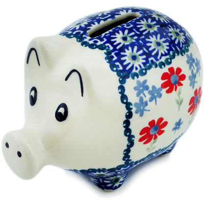 Polish Pottery Piggy Bank 5&quot; Full Blossom