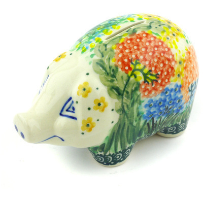Polish Pottery Piggy Bank 5&quot; Garden Delight UNIKAT