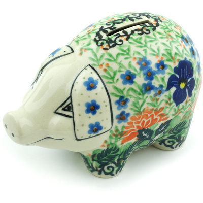 Polish Pottery Piggy Bank 5&quot; Midnight Iris UNIKAT