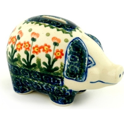 Polish Pottery Piggy Bank 5&quot; Peach Spring Daisy