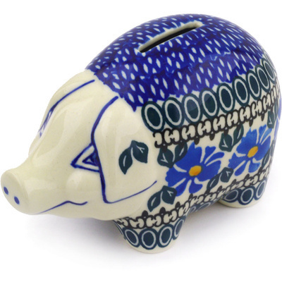 Polish Pottery Piggy Bank 5&quot; Traditional Blue Wildflower
