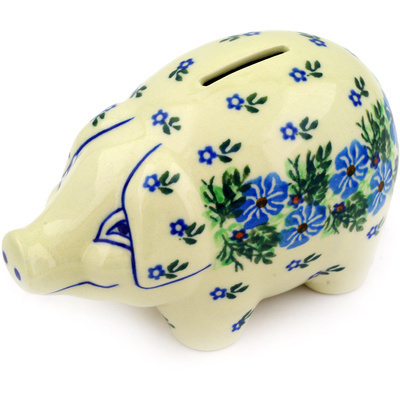 Polish Pottery Piggy Bank 5&quot; Viola Bouquet