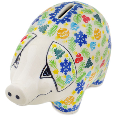 Polish Pottery Piggy Bank 5&quot; Winter Sprinkles UNIKAT