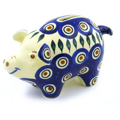 Polish Pottery Piggy Bank 6&quot; Blue Peacock