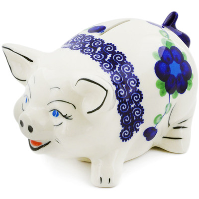 Polish Pottery Piggy Bank 6&quot; Blue Poppies