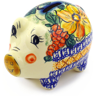 Polish Pottery Piggy Bank 6&quot; Colorful Bouquet UNIKAT