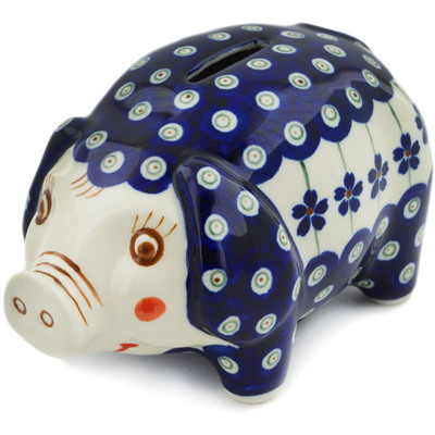 Polish Pottery Piggy Bank 6&quot; Flowering Peacock