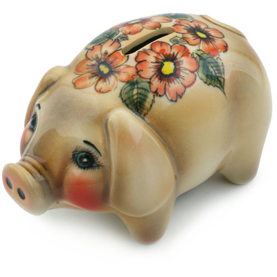 Polish Pottery Piggy Bank 6&quot; Orange Halo