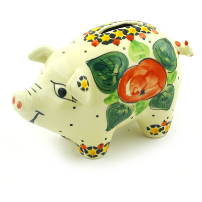 Polish Pottery Piggy Bank 6&quot; Red Apples UNIKAT