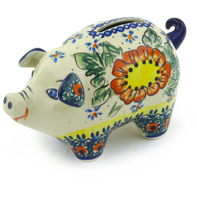 Polish Pottery Piggy Bank 6&quot; Sunshine Bees UNIKAT