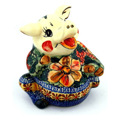 Polish Pottery Piggy Bank 7&quot; Colorful Bouquet UNIKAT