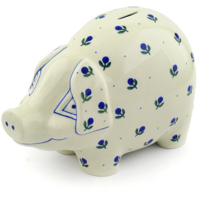 Polish Pottery Piggy Bank 9&quot; Blue Buds