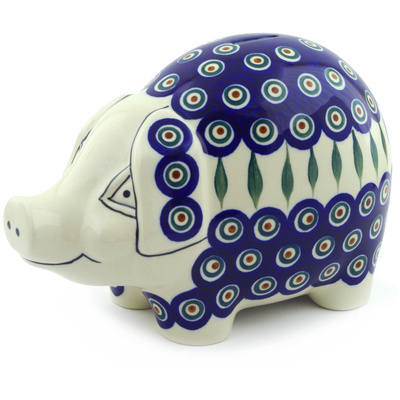 Polish Pottery Piggy Bank 9&quot; Peacock Leaves