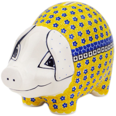 Polish Pottery Piggy Bank 9&quot; Sunburst Daisies