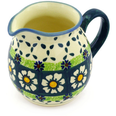 Polish Pottery Pitcher 10 oz Green Daisy