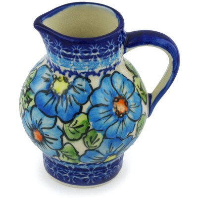 Polish Pottery Pitcher 11 oz Bold Blue Poppies UNIKAT