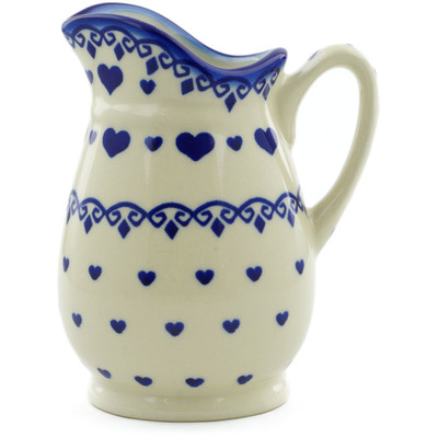 Polish Pottery Pitcher 12 oz Blue Valentine Hearts
