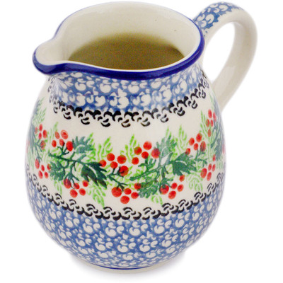 Polish Pottery Pitcher 12 oz Holly Berry Wreath
