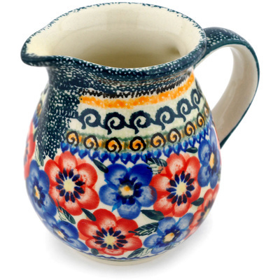 Polish Pottery Pitcher 15 oz Blue And Red Poppies UNIKAT