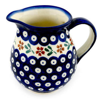Polish Pottery Pitcher 15 oz Red Daisy Peacock