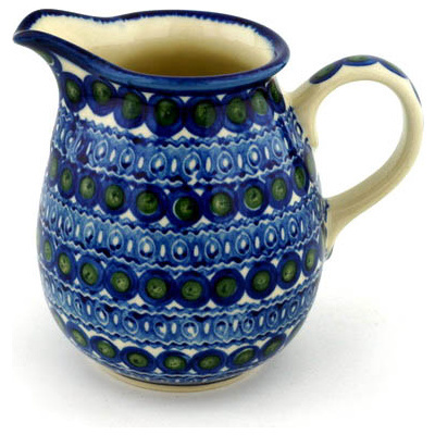 Polish Pottery Pitcher 17 oz Green Peacock Eyes