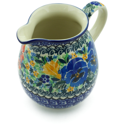 Polish Pottery Pitcher 17 oz Pansy Pair Garden UNIKAT