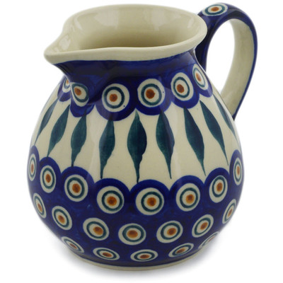 Polish Pottery Pitcher 19 oz Peacock Leaves