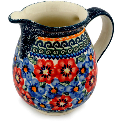 Polish Pottery Pitcher 29 oz Blue And Red Poppies UNIKAT