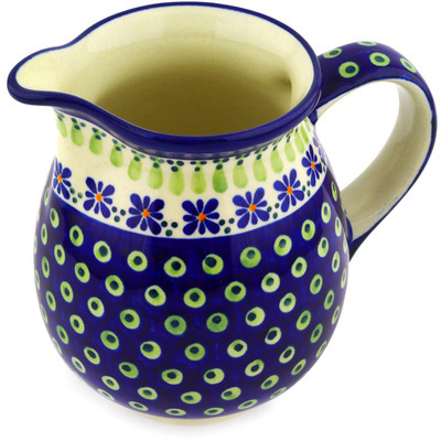 Polish Pottery Pitcher 29 oz Green Gingham Peacock