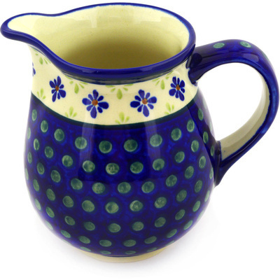 Polish Pottery Pitcher 29 oz Green Gingham Peacock