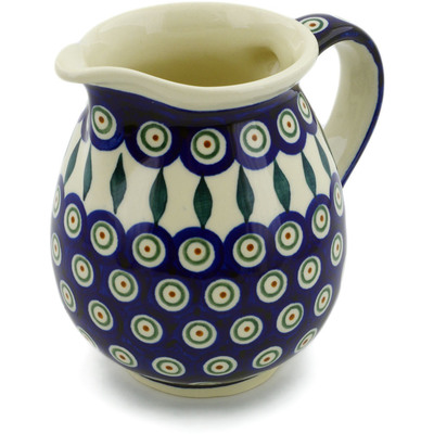 Polish Pottery Pitcher 29 oz Peacock Leaves