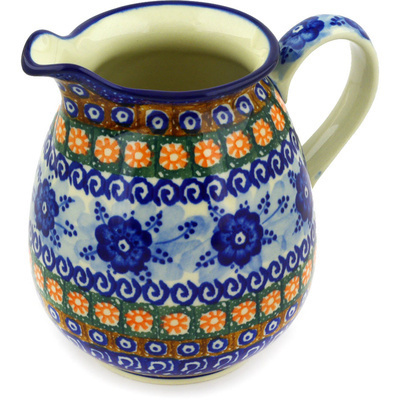 Polish Pottery Pitcher 3&frac12; cups Dancing Blue Poppies UNIKAT