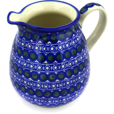 Polish Pottery Pitcher 3&frac12; cups Green Peacock Eyes