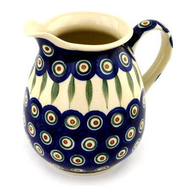Polish Pottery Pitcher 3&frac12; cups Peacock Leaves