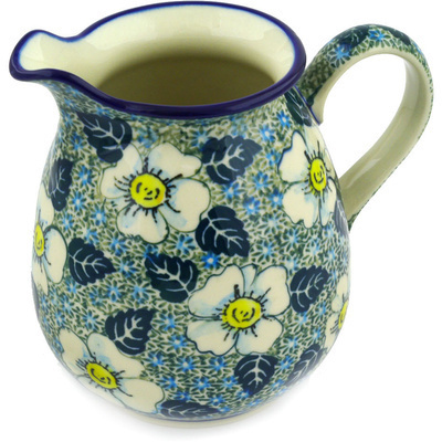 Polish Pottery Pitcher 3&frac12; cups White Poppies UNIKAT