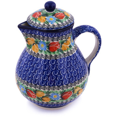 Polish Pottery Pitcher 34 oz Breathtaking Tulips UNIKAT