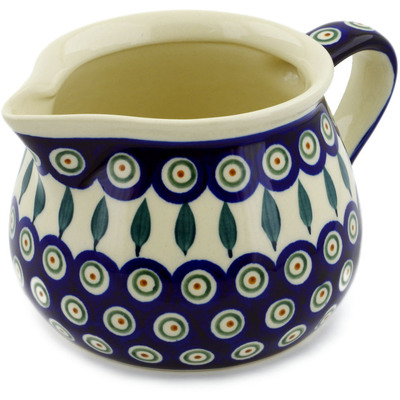 Polish Pottery Pitcher 35 oz Peacock Leaves