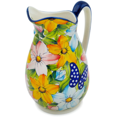 Polish Pottery Pitcher 54 oz Floral Peacock Butterfly