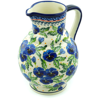 Polish Pottery Pitcher 59 oz Blooming Blue Pansies UNIKAT