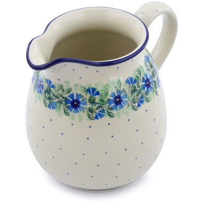 Polish Pottery Pitcher 6 Cup Blue Bell Wreath