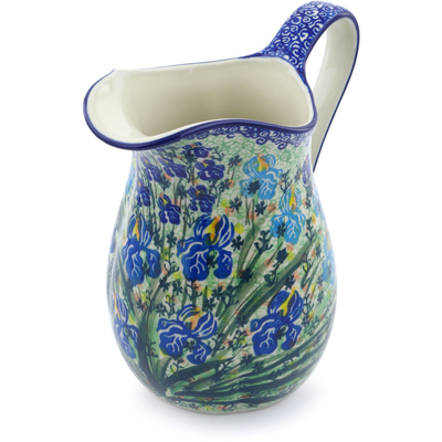 Polish Pottery Pitcher 6 Cup Blue Iris Delight UNIKAT