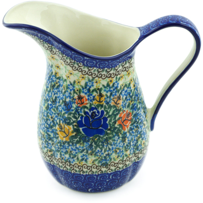 Polish Pottery Pitcher 6 Cup Bluebonnets And Roses UNIKAT