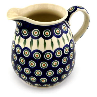 Polish Pottery Pitcher 6 Cup Peacock Leaves