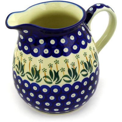 Polish Pottery Pitcher 6 Cup Pushing Daisy Peacock