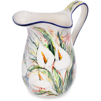 Polish Pottery Pitcher 6 Cup White Lilly Pride UNIKAT