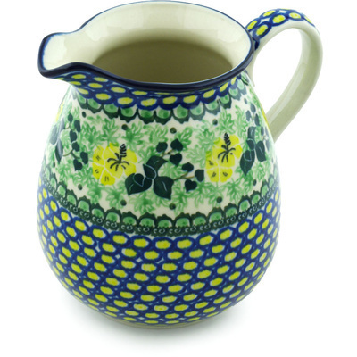 Polish Pottery Pitcher 67 oz Yellow Hibiscus UNIKAT