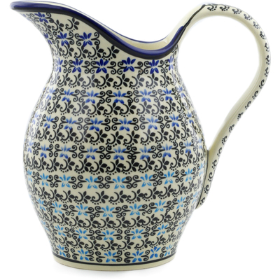 Polish Pottery Pitcher 7&frac34; Cup Black And Blue Lace