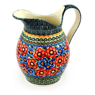 Polish Pottery Pitcher 7&frac34; Cup Blue And Red Poppies UNIKAT