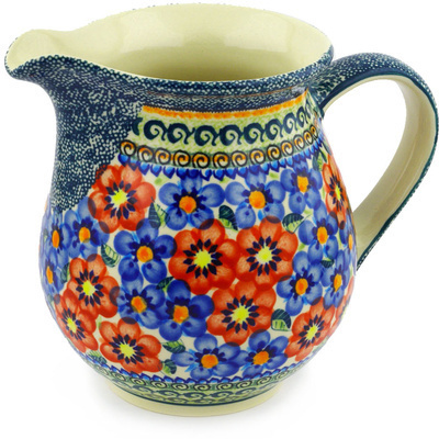Polish Pottery Pitcher 7 Cup Blue And Red Poppies UNIKAT